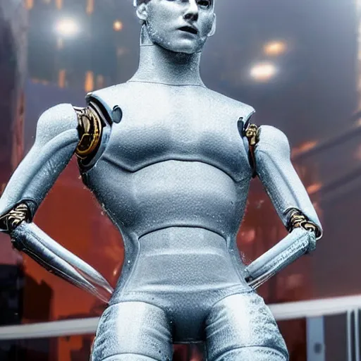 Image similar to made of ice, a realistic detailed photo of a guy who is an attractive humanoid who is half robot and half humanoid, who is a male android, on display, blank stare, showing off his muscles, shiny skin, posing like a statue, by the pool, frozen ice statue, f 1 driver max verstappen, humanoid robot