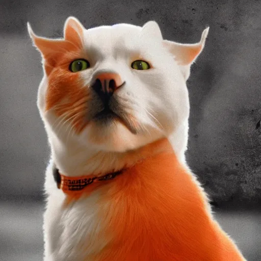 Image similar to an orange cat looking suspiciously at a white dog. photograph. digital art.