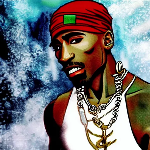 Image similar to Tupac Shakur, screenshot from a 2012s anime