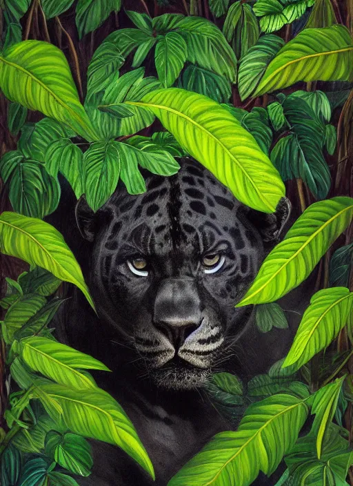 Image similar to a beautiful painting portrait of a black jaguar surrounded by the leaves of the jungle, highly detailed close up, fantasy art, matte painting