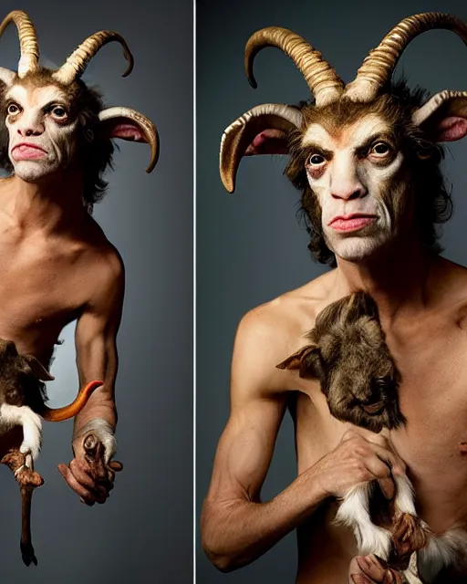 Prompt: actor Mick Jagger with Goat Ears in Elaborate Pan Satyr Goat Man Makeup and prosthetics designed by Rick Baker, Hyperreal, Head Shots Photographed in the Style of Annie Leibovitz, Studio Lighting