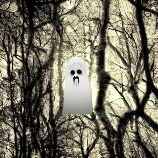 Image similar to realistic optical illusion of a ghost that looks like a skelet into the woods