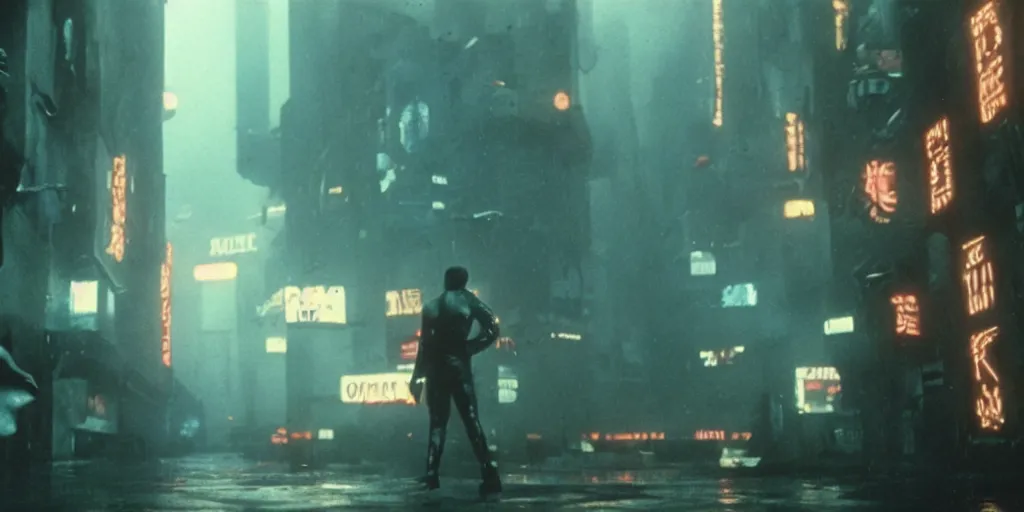 Image similar to a film still from blade runner starring Ariel the little mermaid