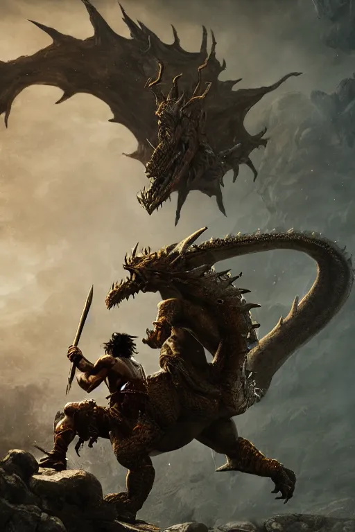 Prompt: 28mm Photo of conan the Barbarian, fighting a giant dragon in a dungeon, in the style of greg rutkowski, concept art, rim lighting, dark souls, unreal, ray tracing