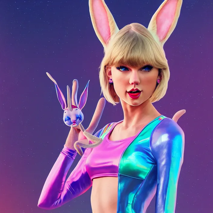 Image similar to portrait of Taylor Swift as Lola Bunny in Space Jam 1996. bunny ears. HD. intricate artwork. by Tooth Wu, wlop, beeple, dan mumford. octane render, trending on artstation, greg rutkowski very coherent symmetrical artwork. cinematic, hyper realism, high detail, octane render, 8k, iridescent accents