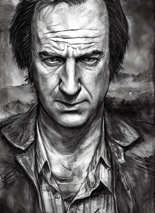 Image similar to portrait, Saul Goodman in the Last of Us universe, Bob Odenkirk, post apocalypse, Breaking Bad, watercolor, dramatic lighting, cinematic, establishing shot, extremely high detail, foto realistic, cinematic lighting, pen and ink, intricate line drawings, by Yoshitaka Amano, Ruan Jia, Kentaro Miura, Artgerm, post processed, concept art, artstation, matte painting, style by eddie mendoza, raphael lacoste, alex ross