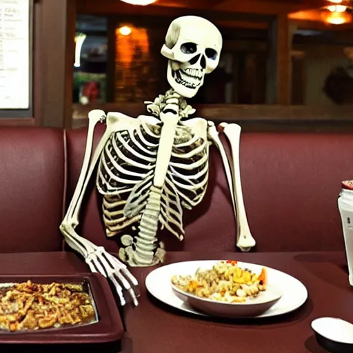 Prompt: Skeleton eating at Outback Steakhouse