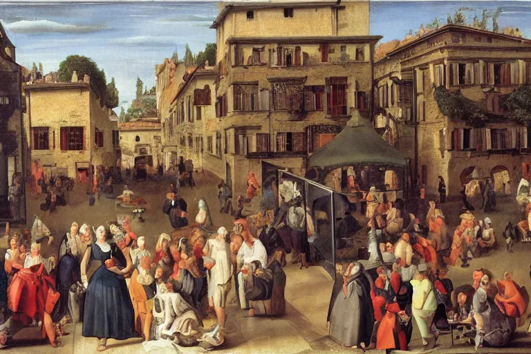 Prompt: people visiting art market in the future, botticeli style, renaissance