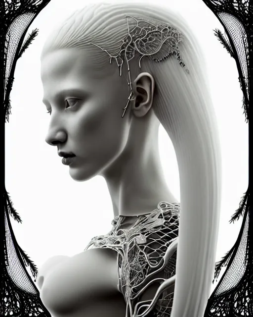 Image similar to dreamy soft luminous bw 3 d octane render, beautiful spiritual angelic biomechanical albino girl cyborg with a porcelain profile face, very long neck, rim light, big leaves and stems, roots, fine foliage lace, alexander mcqueen, art nouveau fashion embroidered collar, steampunk, silver filigree details, hexagonal mesh wire, mandelbrot fractal, elegant