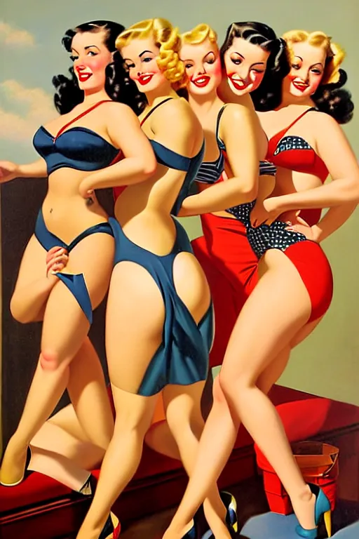 Image similar to 1940s group of pinup bikini girls in the office, oil painting, by Gil Elvgren