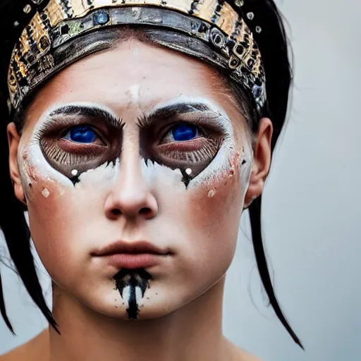 Image similar to minimalist photography portrait of an elaborately adorned female germanic warrior, face scars, symmetrical, super close up, mid thirties, cute round slanted eyes, sunburnt skin, wide nostrils, high cheekbones, high flat eyebrows, ethereal essence, angelic, leica 1 0 0 mm f 0. 8