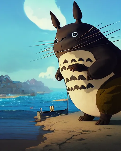 Image similar to highly detailed surreal vfx portrait of totoro in a seaside village, stephen bliss, unreal engine, greg rutkowski, loish, rhads, beeple, makoto shinkai and lois van baarle, ilya kuvshinov, rossdraws, tom bagshaw, alphonse mucha, global illumination, detailed and intricate environment