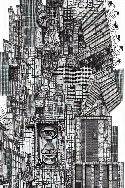 Image similar to a black and white drawing of a building, a detailed mixed media collage by hiroki tsukuda and eduardo paolozzi, intricate linework, sketchbook drawing, street art, polycount, deconstructivism, matte drawing, academic art, constructivism