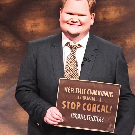 Prompt: Andy Richter is wearing a chocolate brown suit and necktie, holding a sign that reads Stop making these images of me of I WILL tell Conan!!