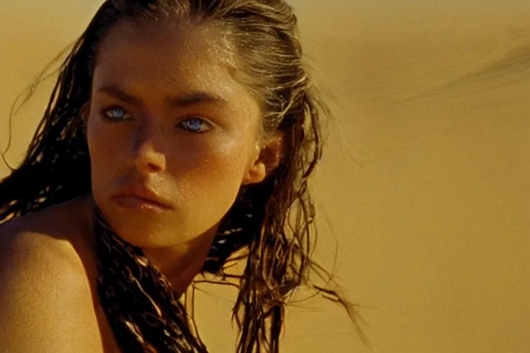 Prompt: a cinematic headshot portrait of a bikini girl in the movie dune, in a serene vast desert, film still, cinematic, movie still, dramatic lighting, 1 6 : 9 ratio