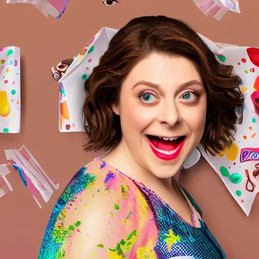 Prompt: rachel bloom dressed like the lady from that cookie wrapper in the trash, ultra detailed, 8 k resolution, ultrarealistic