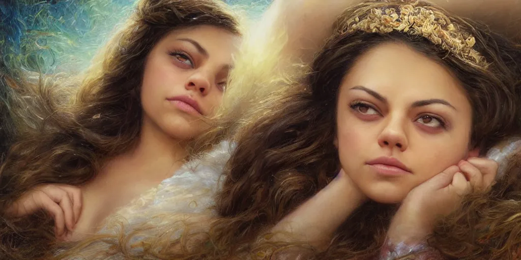 Image similar to Mila Kunis falling asleep, Lilia Alvarado, Sophie Anderson, Mark Arian, Bob Byerley, Charlie Bowater, Mark Brooks, Steve Henderson, Justin Gerard, Arthur Hughes, Edward Robert Hughes, Mark Keathley, Victor Nizovtsev, Carlos Shwabe, Ross Tran, WLOP