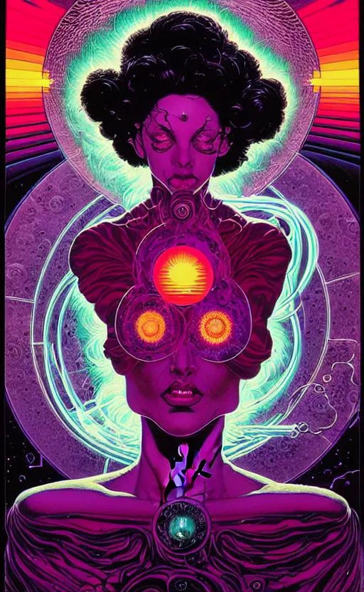 Prompt: Portrait of beautiful woman channeling third eye energy, surrounded by a background of dark cyber mystic alchemical transmutation heavenless realm, cover artwork by philippe caza, midnight hour, part by francis bacon, part by jeffrey smith, part by josan gonzales, part by dan mumford, part by norman rockwell, part by phil hale, part by kim dorland, rich deep color scheme, artstation, matte gouache illustration, highly detailed,