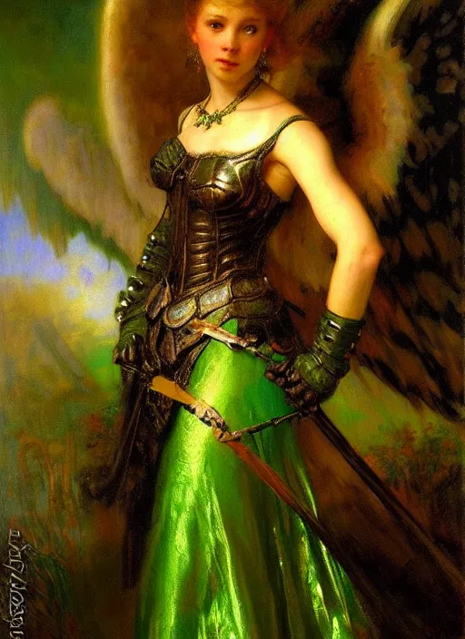 Prompt: angel knight gothic girl in dark and green dragon armor, metallic skirt. by gaston bussiere, by rembrandt, 1 6 6 7, artstation trending, blue light, by konstantin razumov *