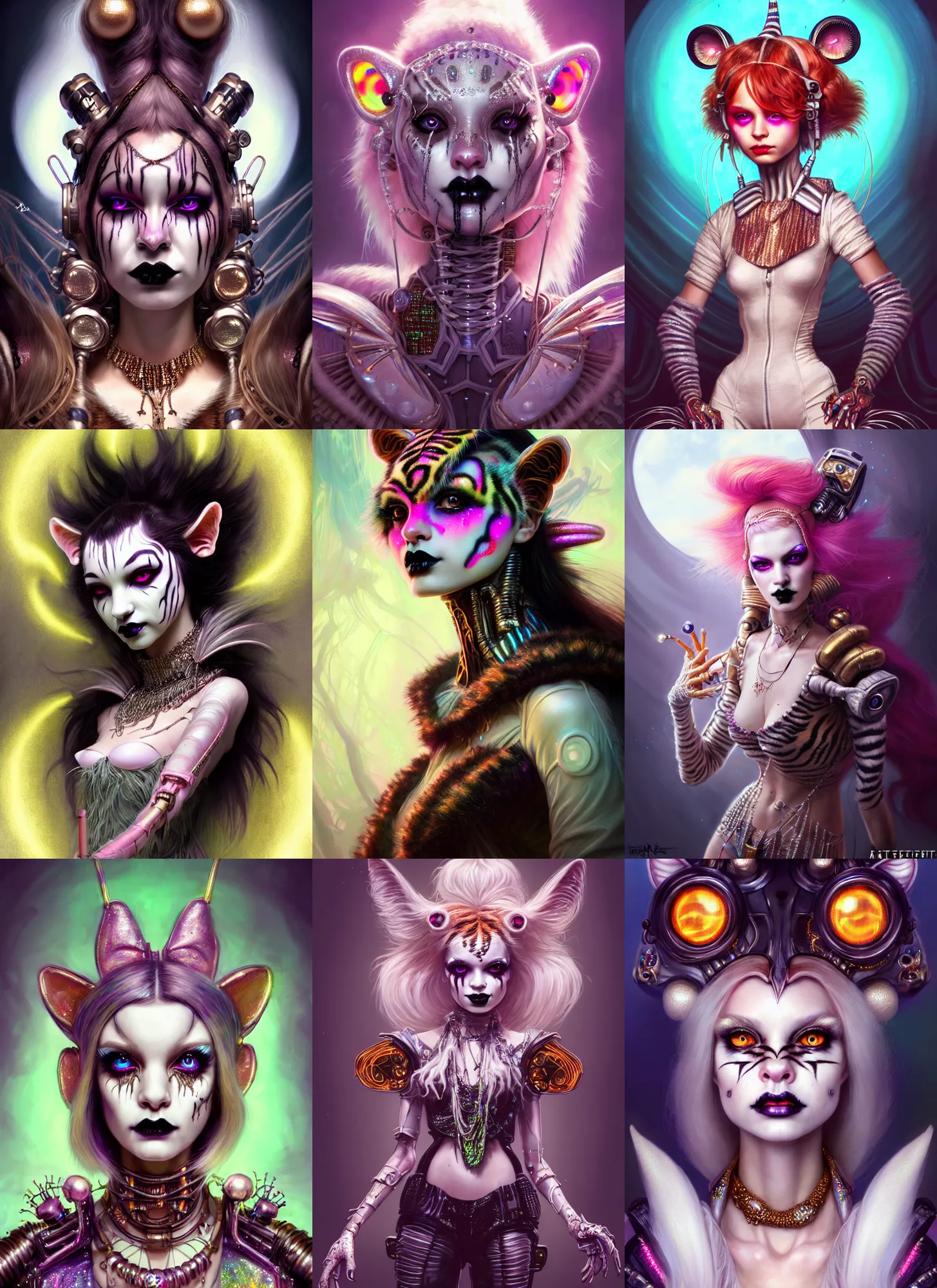 Prompt: disney weta portrait, soft lustrous biotech raver white goth clowncore tiger cyborg, bling, hi - fructose, sci - fi fantasy cyberpunk intricate decadent highly - detailed digital painting, ever after high, octane render, artstation, concept art, smooth, sharp focus, illustration, art by artgerm, mucha, loish, wlop