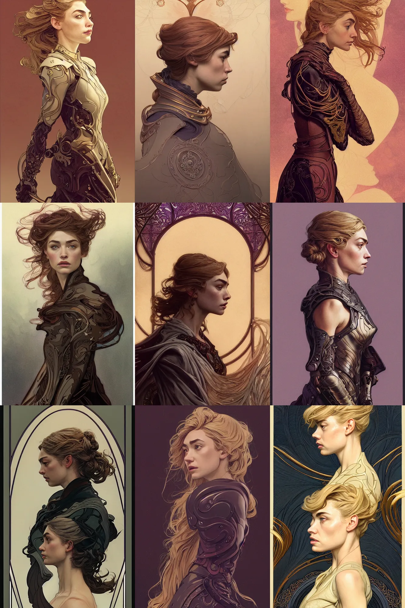 Prompt: side profile portrait, imogen poots paladin, by eve ventrue, michael carson, andreas rochas, john watkiss, casey weldon, artgerm. art nouveau. tarot card by mucha. gloomhaven. swirly intricate linework background. gaudy colors, sharp edges. ultra clear detailed. 8 k. elegant. octane render