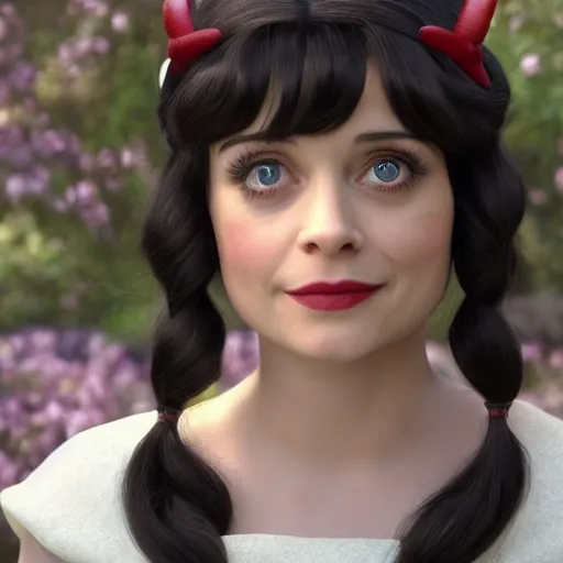 Prompt: zooey channel as snow white with the seven dwarfs, uhd, photorealism, realistic, wide shot, full shot,