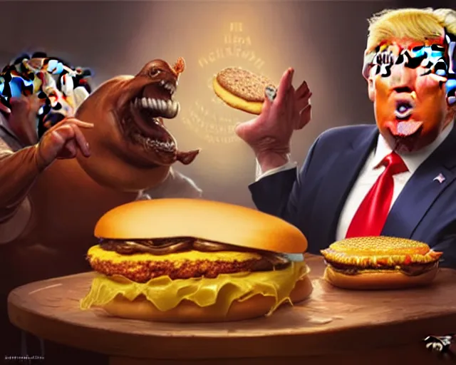 Image similar to donald trump licking a cheeseburger, deep focus, fantasy, intricate, highly detailed, digital painting, artstation, concept art, matte, sharp focus, illustration, hearthstone, art by artgerm and greg rutkowski and alphonse mucha