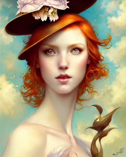 Image similar to Beautiful and playful ethereal ginger portrait, art nouveau, fantasy, with a hat made of clouds , elegant, highly detailed, sharp focus, art by Artgerm and Greg Rutkowski and WLOP