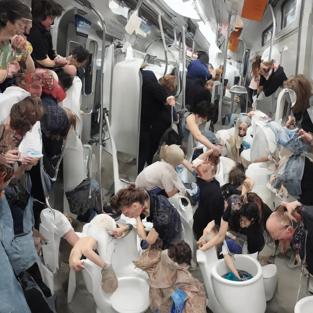 Prompt: people were flushing their cats down the toilet. this was for a charity, unspecified but highly regarded. people were on the train, looking at artefacts from outer space, listening to talk show djs discussingn 9