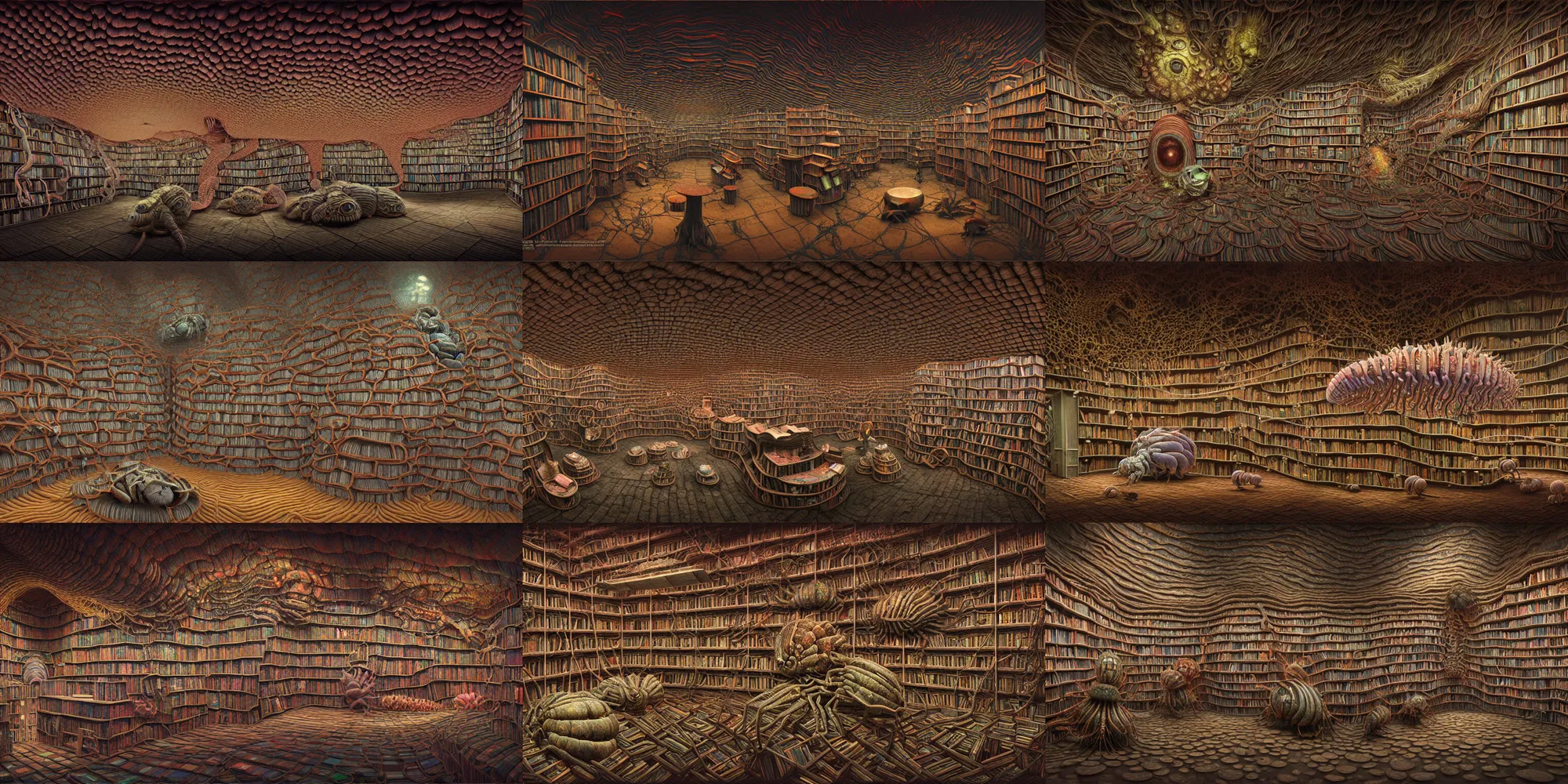 Prompt: insanely detailed generative render of the bookshop of giant isopods, masterwork, aerochrome eyes, fungal pages, liminal bookshop, by Mark Ryden, Jeff Koons, Moebius, zdzisław beksiński, houdini, siggraph, threadlike, renderfarm