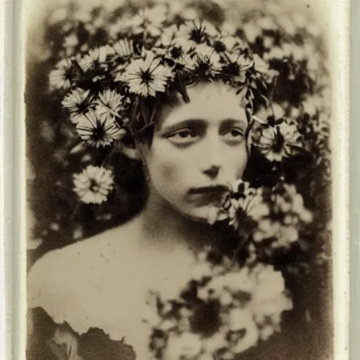 Image similar to portrait of a beautiful woman corpse covered in flowers, 1910 polaroid photography,