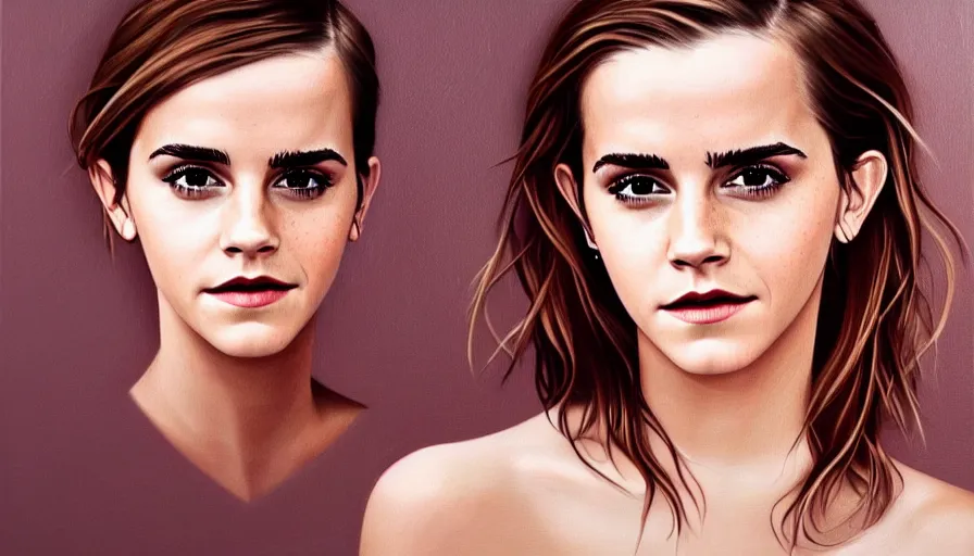 Image similar to emma watson portrait photorealistic painting. soft lighting, smooth gradients. seductive smile. lights and shadows. sultry, anamorphic lens