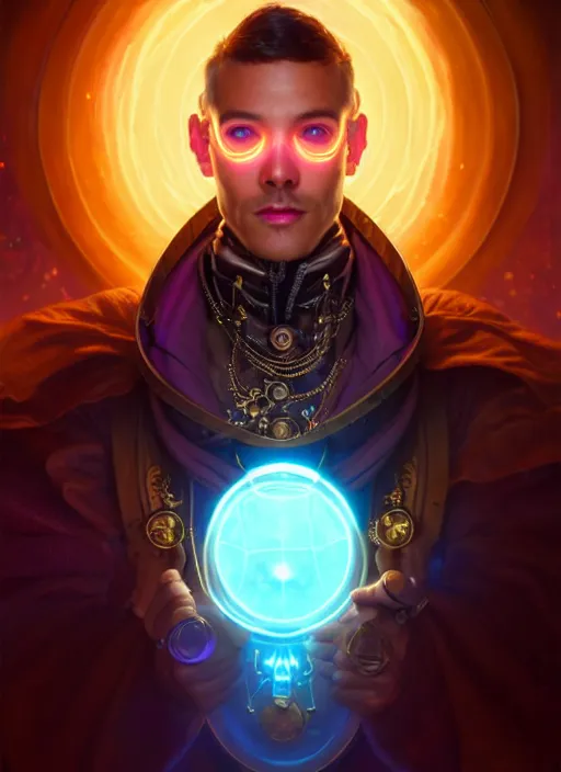 Image similar to a male steampunk faceless glowing liquefied stardust adventurer, dnd fantasy character, full body portrait, glowing neon skin, magical aura, ultra realistic, intricate, elegant, highly detailed, digital painting, artstation, smooth, sharp, focus, illustration, art by artgerm and greg rutkowski and alphonse mucha and dan mumford, sacred geometry
