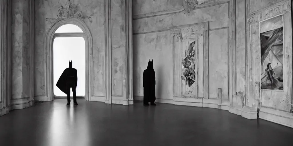 Image similar to Batman standing in giant Italian modern castle living room, clean minimalist design, that is 1300 feet tall, with very tall giant walls filled with modern art paintings, doors that are cosmic portals, photo by Annie Leibovitz