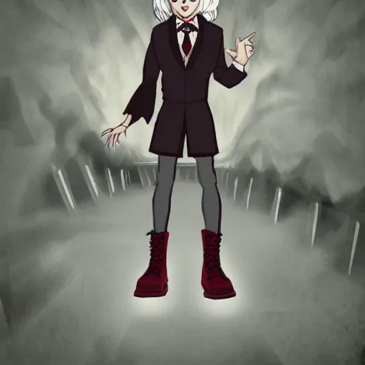 Image similar to Full picture of a white hair dracula wearing Dr. Martens shoes