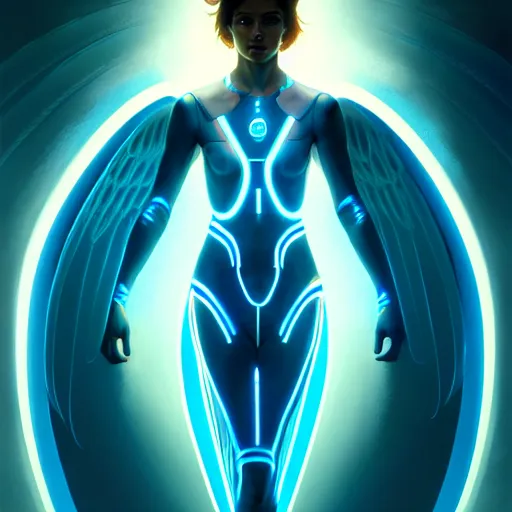 Prompt: tron angel, diffuse lighting, hyper realistic, elegant, concept art, intricate, hyper detailed, smooth, sharp focus, illustration, trending on artstation, art by greg rutkowski and james gurney and alphonse mucha