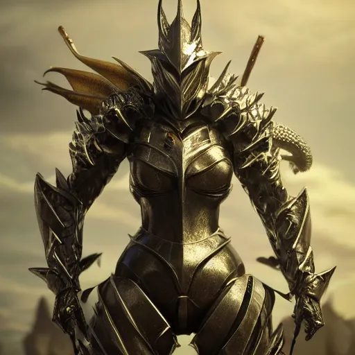 Image similar to highly detailed realistic stunning shot of a beautiful elegant anthropomorphic female dragon knight, doing a majestic pose, armor made of steel, sharp claws and tail, HD octane render, epic cinematography, Artstation, Deviantart, Furaffinity