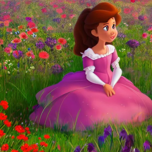 Prompt: a little girl with short wavy brown hair sits in a field of flowers in a still from a disney movie. beautiful disney cartoon character art, high quality, detailed face