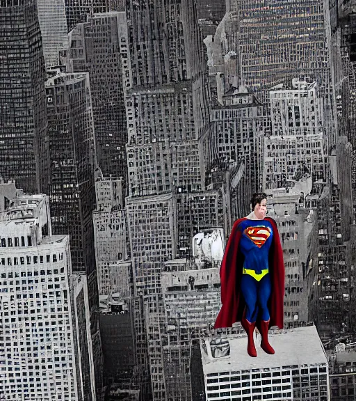 Prompt: Superman at a distance in New York, ww3 photo, grainy, high detail, high resolution