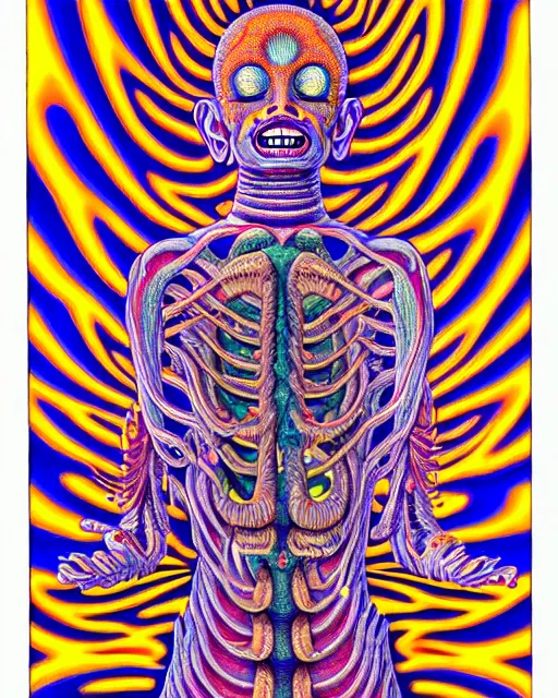 Prompt: Human Body reaching nirvana, Conjuring Psychedelic Illustration by Alex Gray, part by Shintaro Kago, ultra realistic, highly detailed, 8k, symmetry, fractals, grotesque, vibrant,