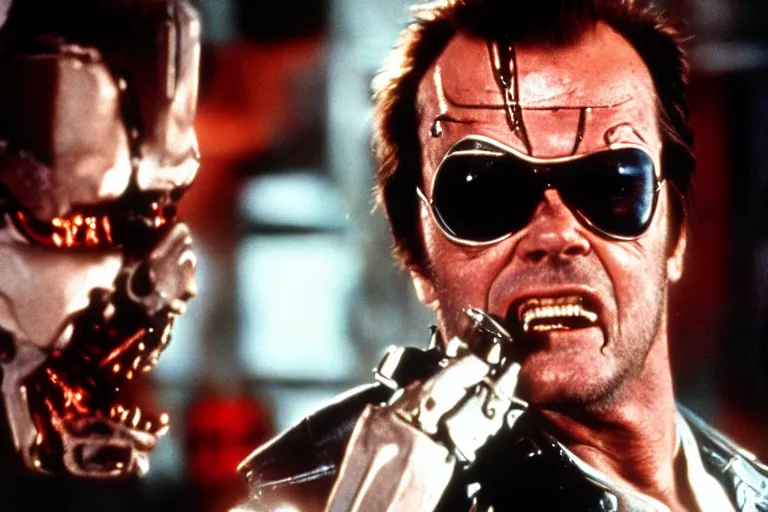 Image similar to Jack Nicholson plays Terminator, epic action scene where his endoskeleton gets exposed, still from the film, cinematic, 80s