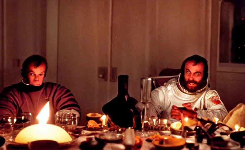 Prompt: Space odyssey astronaut sitting around a big dinner table with candles in the shining by stanley kubrick, shot by 35mm film color photography