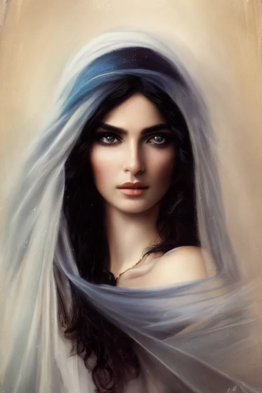 Image similar to Ameera al-Taweel, blue eyes, long wavy black hair, white veil, closeup, focus face, elegant, highly detailed, centered, oil painting, artstation, concept art by tom bagshaw