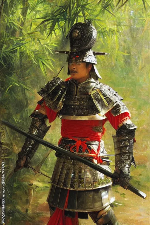Prompt: close up of samurai warrior in full armor, in a bamboo forest, by vladimir volegov and alexander averin and delphin enjolras and daniel f. gerhartz