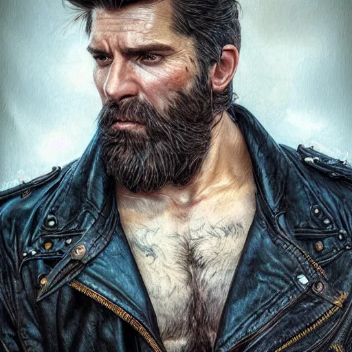 Image similar to Portrait of rugged scarred muscular man with stubble beard wearing a black leather jacket, waist high, intricate, wild, highly detailed, digital painting, artstation, concept art, smooth, sharp focus, illustration, art by artgerm and greg rutkowski and alphonse mucha