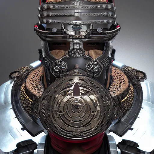 Image similar to photorealistic art of a cybernetic samurai, 8k octane render, intricate detailing,