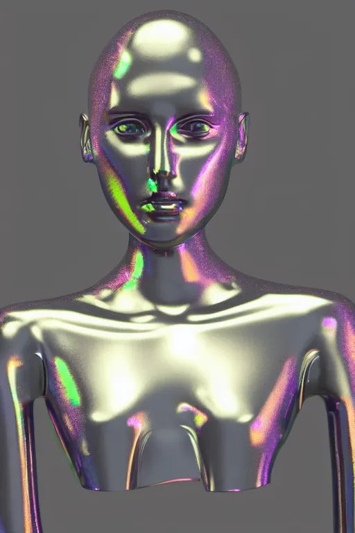 Image similar to 3d render of holographic human robotic bust made of glossy iridescent, bust, surrealistic 3d illustration of a human non-binary, non binary model, 3d model human, cryengine, made of holographic texture, holographic material, holographic rainbow, concept of cyborg and artificial intelligence