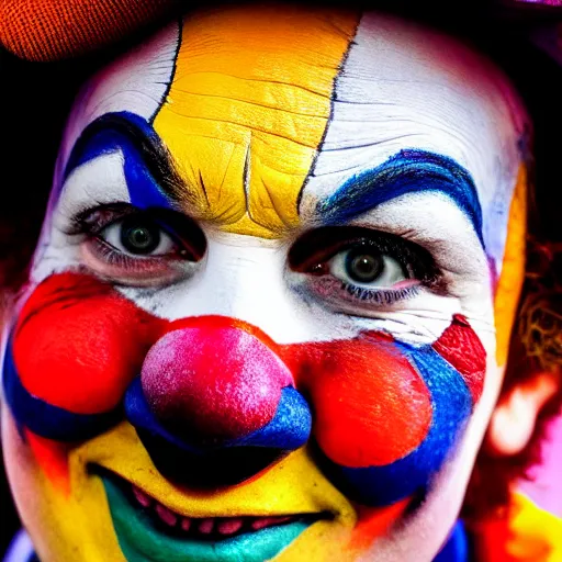 Image similar to An extreme close up photograph of a clown's painted face