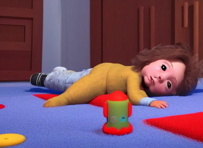 Prompt: toddler elon musk lying on a fluffy rug playing with his space rockets, rendered with renderman, realistic materials, pbr, soft lighting, cgsociety
