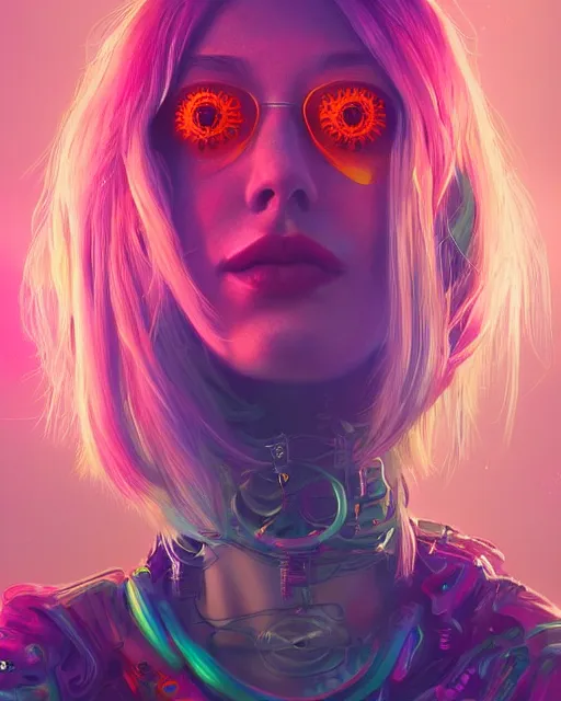 Image similar to colorful portrait of a female hippie, set in the future 2 1 5 0 | highly detailed | very intricate | symmetrical | professional model | cinematic lighting | award - winning | painted by mandy jurgens and ross tran | pan futurism, dystopian, bold psychedelic colors, cyberpunk, groovy vibe, anime aesthestic | featured on artstation